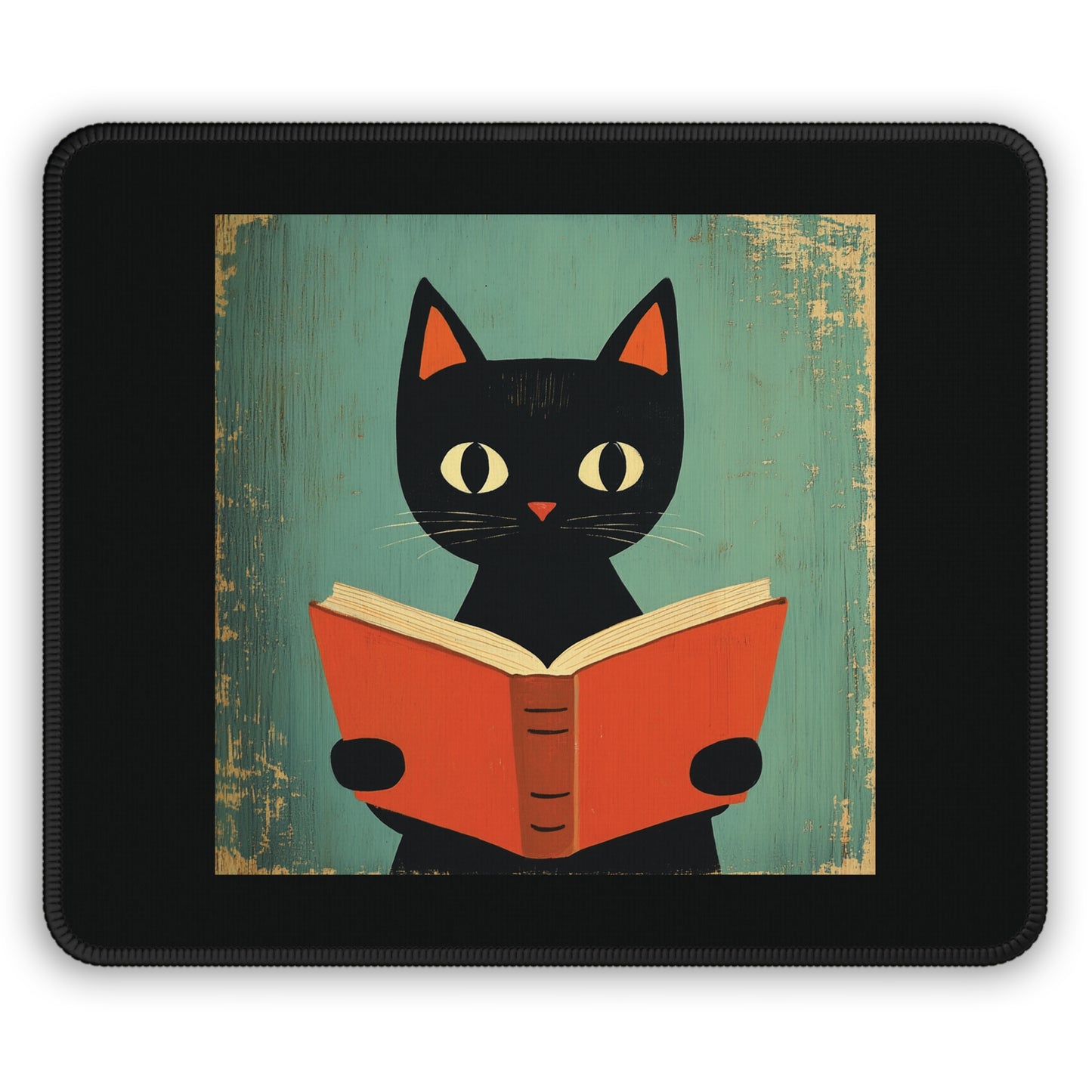 A rectangular black mousepad with rounded corners, featuring a printed illustration of a black cat reading an open red book against a distressed teal background.