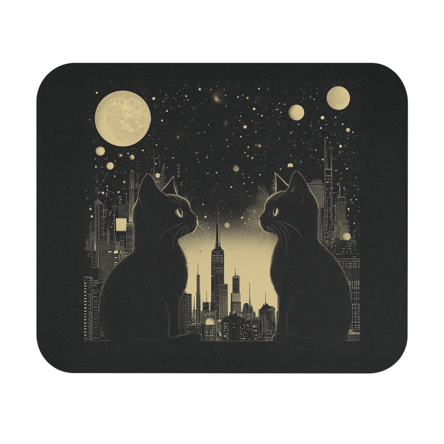 The mousepad features a printed illustration of two black cats sitting in front of a city skyline under a starry night sky with moon phases.
