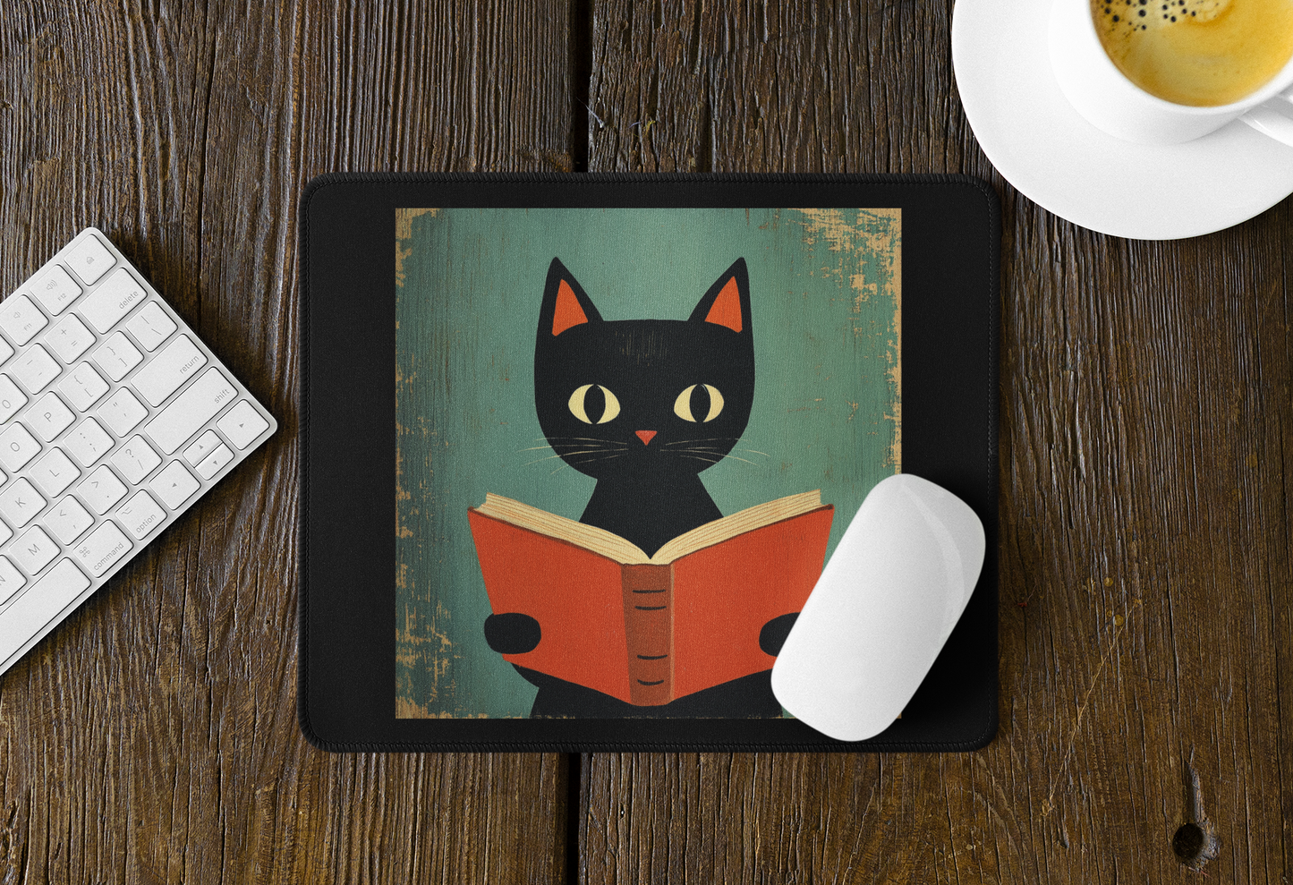 A rectangular mousepad with a black cat illustration reading an orange-red book, placed on a wooden desk with a white keyboard, white mouse, and a cup of coffee partially visible.