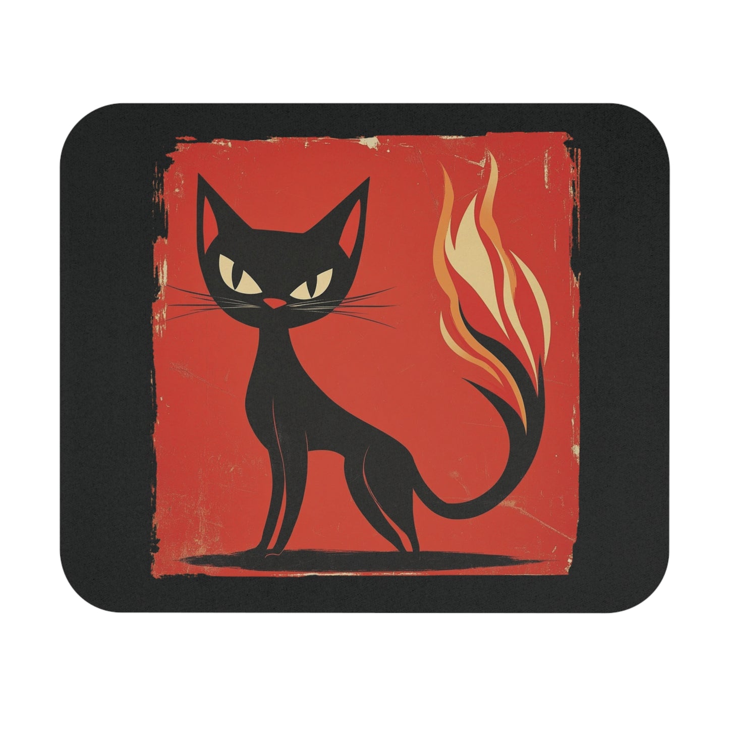 A square black mouse pad with rounded corners featuring a stylized red graphic of a black cat with yellow eyes and orange flames rising from its tail, shown on a white background.