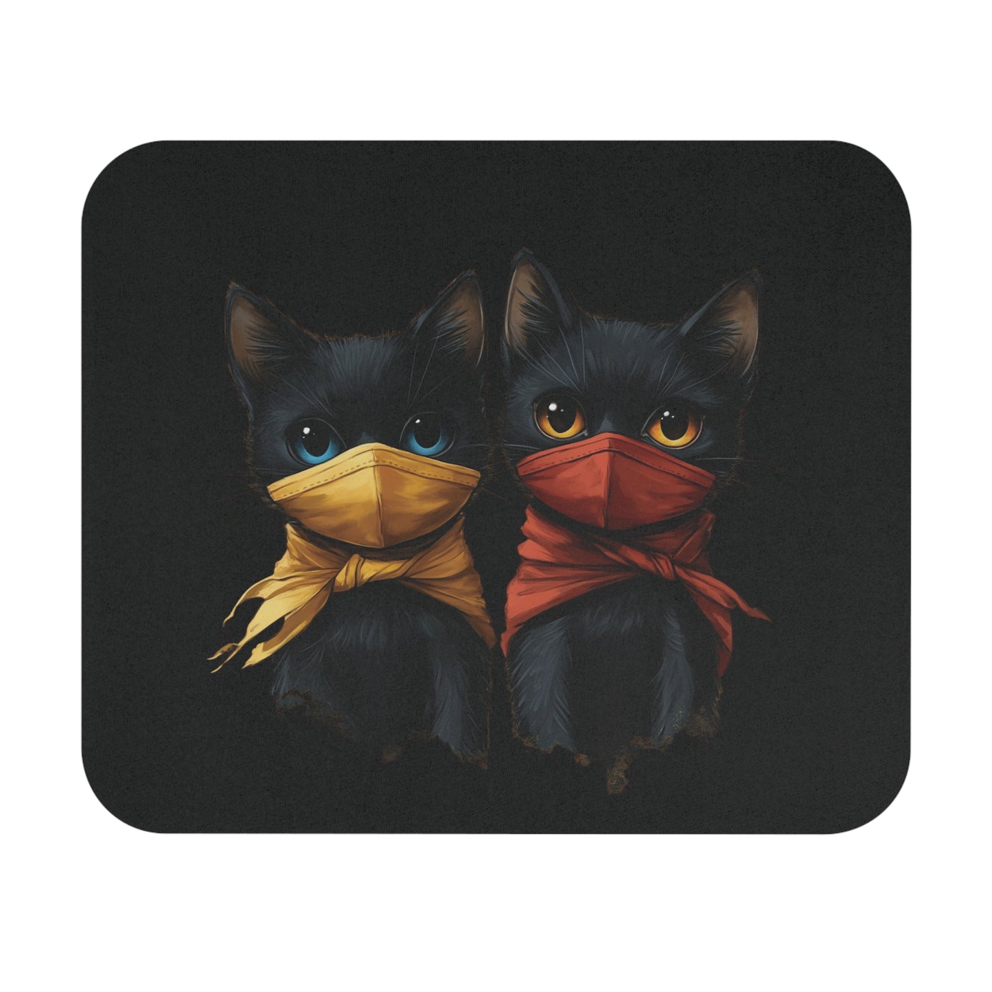 A square mousepad with rounded corners featuring an illustration of two black cats wearing face masks, one yellow and one red, on a black background.